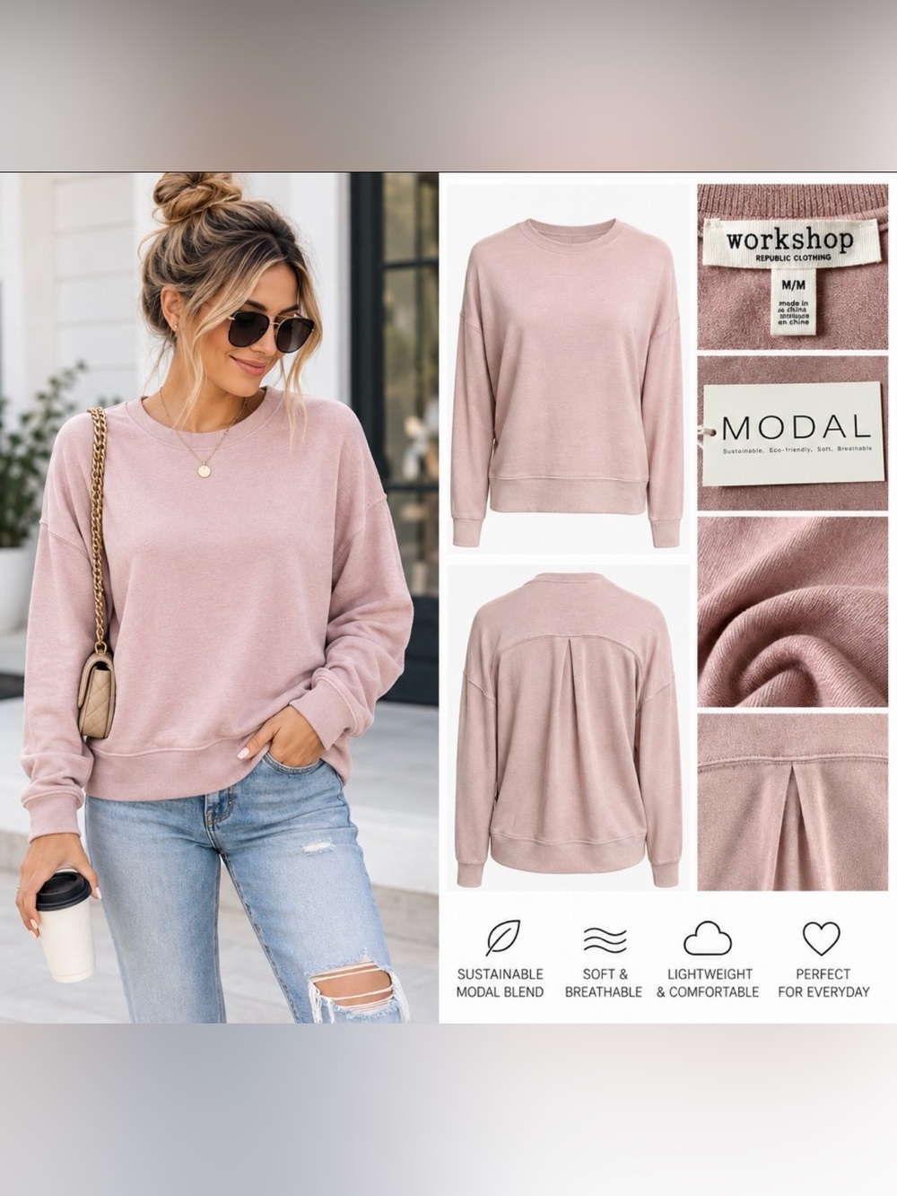 Workshop Republic Clothing Modal Pleat Back Sweatshirt Sz M